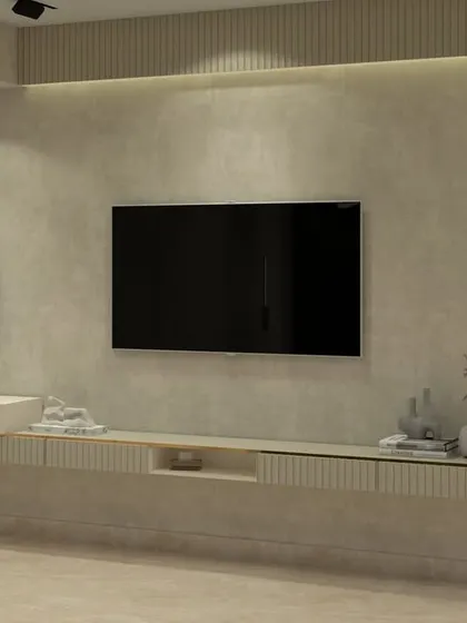 A render of the master bedroom's TV and vanity wall, showing our initial concept for the space.