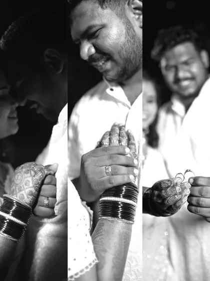 A black and white photo collage focusing on the hands and rings. This artistic approach highlights the texture of the henna and the sparkle of the rings in a classic, timeless style.
