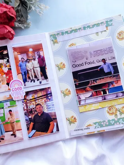 A photo collage page from the farewell scrapbook, showing fun moments with colleagues.