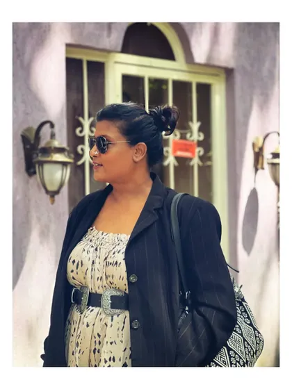 A chic and comfortable look for a midweek tea date that could easily transition to a creative work meeting. I've layered a blazer over a printed dress and cinched it with a statement belt.