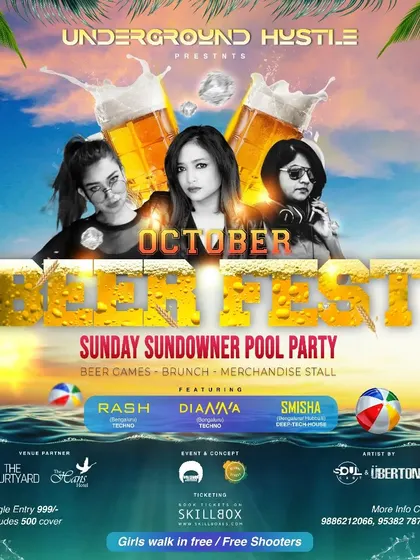 The poster for an October Beer Fest Sundowner Pool Party in Hubli. This shows my versatility, playing for themed events that combine music with other fun activities.