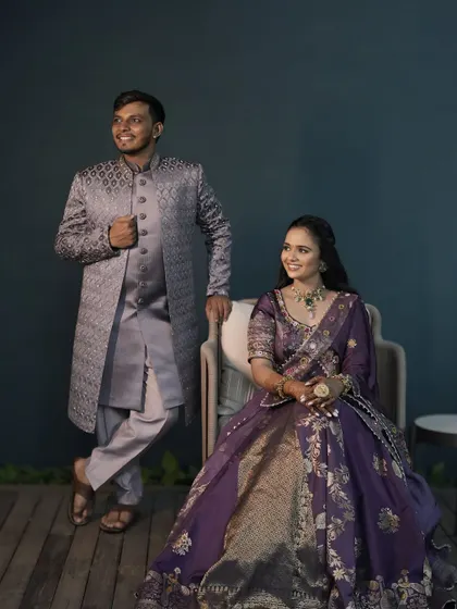 A portrait of a couple ready to begin their journey. I provided makeup and hair for both the bride and groom, ensuring they looked coordinated and picture perfect for their Gordhana ceremony.