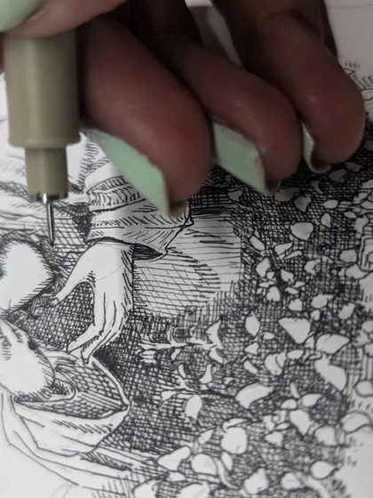 A close up, in-progress shot of the Jesus illustration, showing the fine tip of the micron pen as I build up the texture of the leaves with careful strokes.