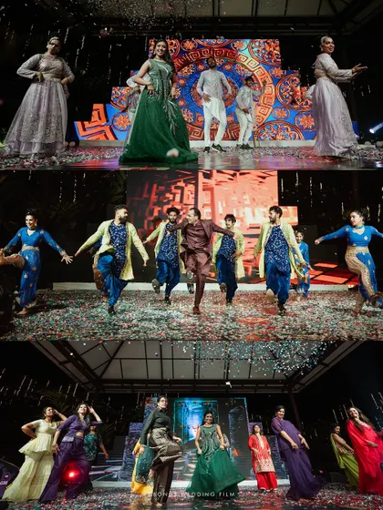 A triptych showcasing the scale and energy of the Sangeet performances, with large groups of dancers on stage.