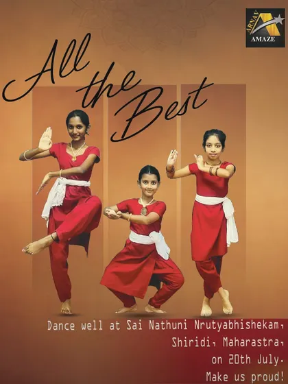 A poster wishing our Bharatanatyam students the best for their performance at the sacred Shiradi Temple.