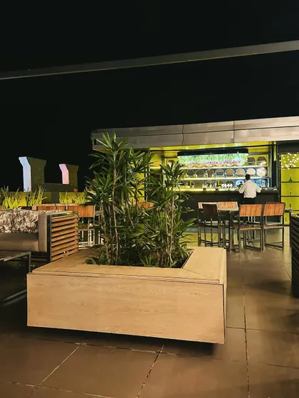 This perspective uses a large planter in the foreground to frame the view towards the bar, creating a sense of depth in the rooftop space.