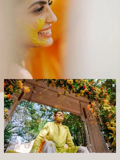 A collage from a vibrant Haldi ceremony, showing the groom on a swing and the bride's joyful, turmeric-smeared face.