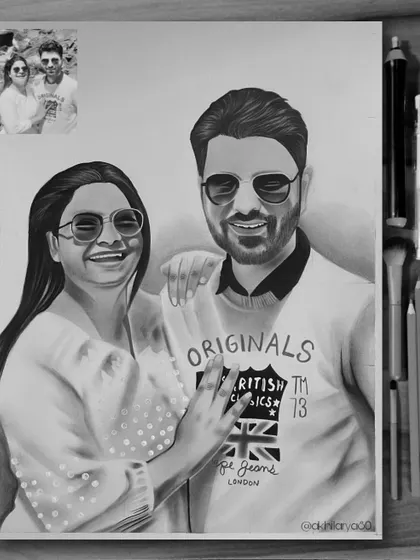 A cool and casual couple portrait in black and white. This A3 sketch captures their fun personalities, right down to the details on their sunglasses and clothing.