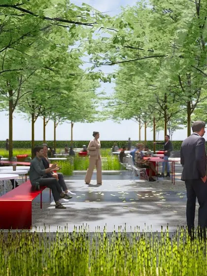 This rendering illustrates how the red sculptural seating activates a shaded grove in a tech campus. It provides a vibrant and informal setting for employees to gather, work, or relax outdoors, enhancing the quality of the campus environment.