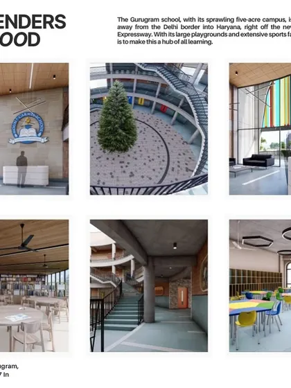 A render mood board created during the design phase for Mount Carmel. This collage illustrates our initial concepts for the reception, courtyard, library, and classrooms, establishing the overall aesthetic and functional goals.
