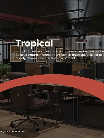 This render shows a tropical-themed workspace, using vibrant greenery, bamboo accents, and natural materials to create a lively and relaxed creative environment.