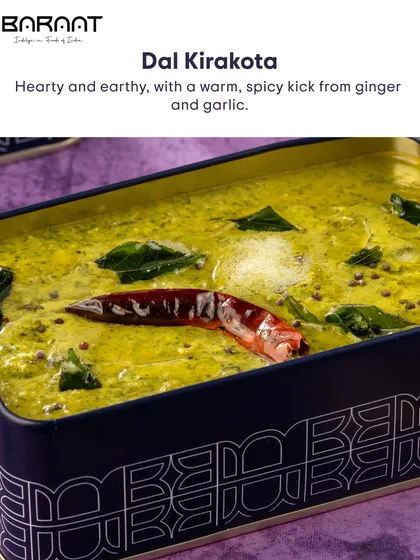 Our Dal Kirakota is Chef Shekar's special blend of spinach, moong dal, and mustard seeds with South Indian spices, creating a hearty and earthy flavour.