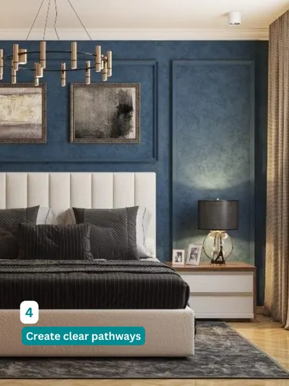We create clear pathways to make your bedroom feel open and uncluttered. This luxurious design uses a bold blue accent wall and elegant lighting to create a sophisticated mood.