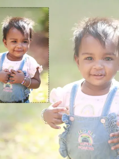 A composite photo capturing a sweet, happy expression. These outdoor sessions are all about letting children explore and be themselves in front of the camera.