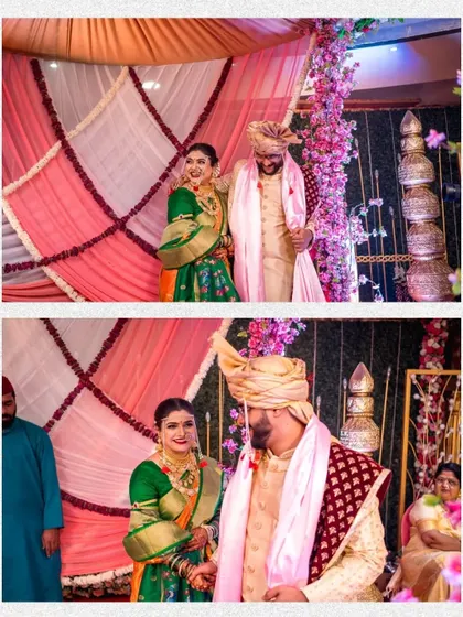 Candid moments from a Maharashtrian wedding ceremony, showing the genuine laughter and interactions between the couple and their families.