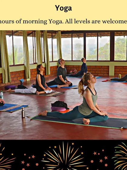 Captions will describe the specific yoga practice shown (e.g., "Practicing Sutra Neti, a traditional yogic cleansing technique," "A Hatha yoga class in our Chakra Hall," "Finding inspiration in our mistakes and using them as a platform for growth.").