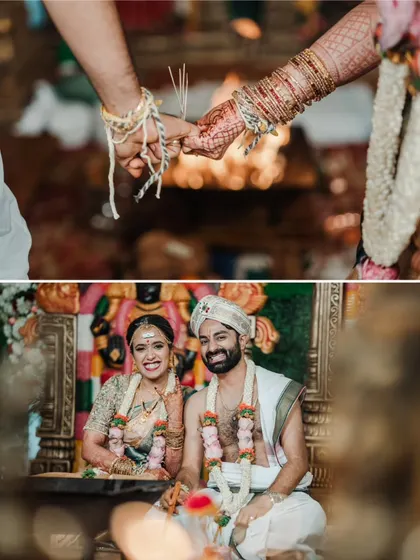 A collage showing the couple holding hands over the sacred fire and a happy portrait of them seated together.