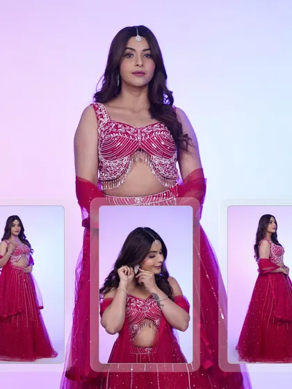 A collage showing off the hot pink lehenga from every angle. This look is all about confidence and making a bold statement.