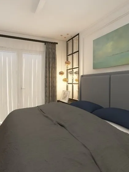 This angle showcases the view from the bed towards the balcony, emphasizing the importance of connecting the indoor space with the outdoors.