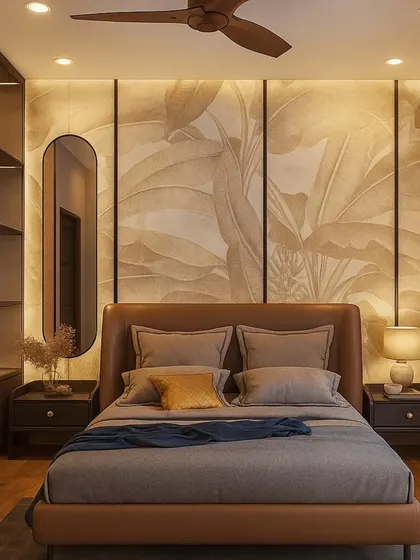 Your bedroom should be your personal retreat. In this master bedroom, we used warm earth tones, a custom upholstered bed, and a nature-inspired wallpaper panel to create a tranquil and restorative atmosphere. The integrated wardrobe provides seamless storage without disrupting the calm.