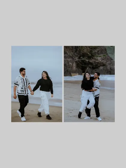 A simple, modern album layout featuring two candid shots from the couple's fun and relaxed beach photoshoot.