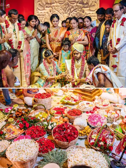 A collage showing the vibrant details of the Chola-inspired wedding, from the ceremony rituals to the colorful offerings.