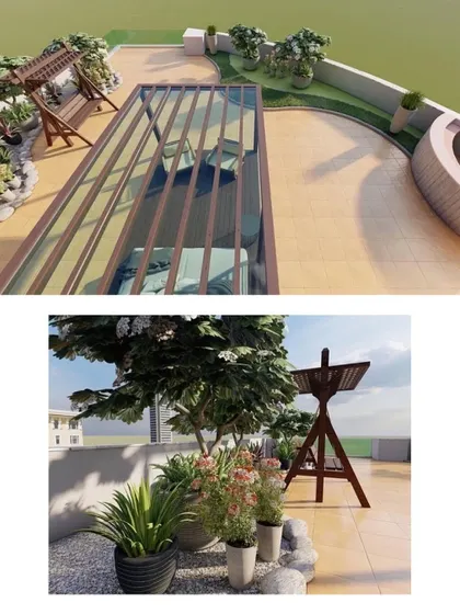 More design views for a residential terrace, showing a top-down perspective of the layout. This includes a retractable glass roof over the seating area, a wooden swing, and planters along the periphery.