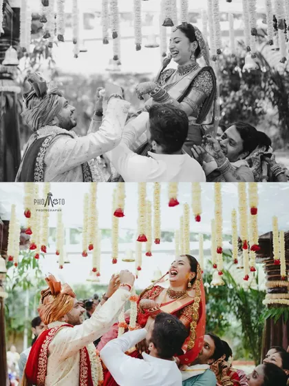 A joyous, high-energy moment from the ceremony, with the groom lifting the bride, surrounded by happy family members.