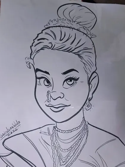 Caricature of the day. A beautiful portrait of a woman with her hair in a bun, wearing traditional jewelry.