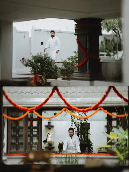 A diptych showing the groom in different parts of a traditional home, capturing the atmosphere and his calm presence.