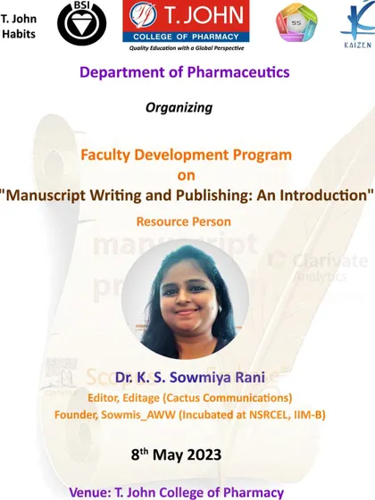 The announcement for my first offline Faculty Development Program in Bangalore at T.John College of Pharmacy, focusing on manuscript writing and publishing.