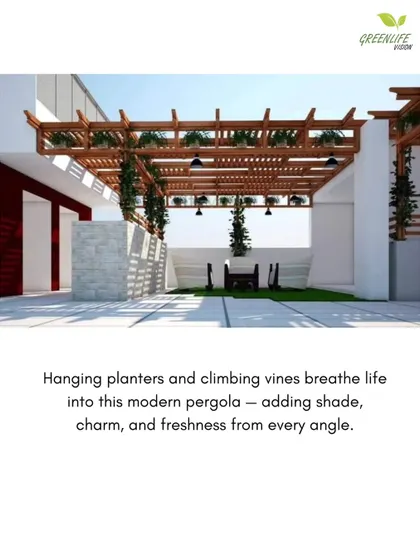 Pergolas can be greened from above. In this design, we've used hanging planters and climbing vines to add shade, charm, and a cascade of greenery to this modern outdoor structure.