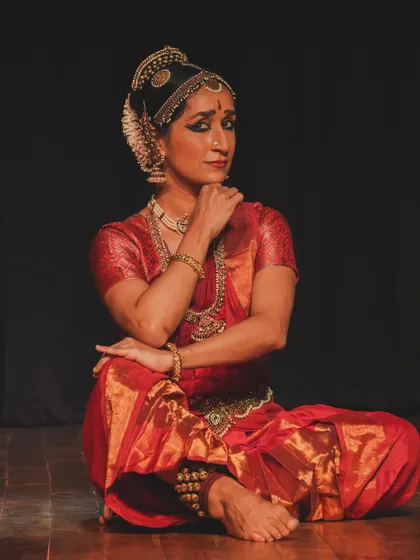 A moment of 'sringara' or romantic love from 'Call of the Flute'. The stories of Krishna and Radha are a deep well of inspiration for both Pichwai art and Kuchipudi.