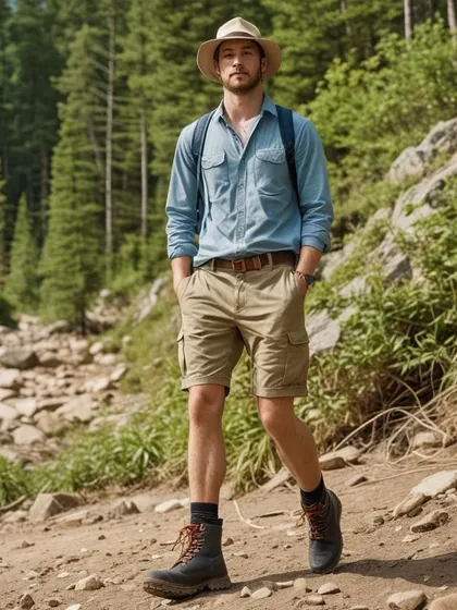 This AI-generated image showcases another 'Nature Nomad' variation, featuring a blue chambray shirt with cargo shorts and sturdy hiking boots. It helps visualize a collection with multiple color and style options.