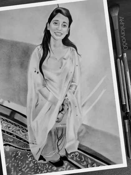 A full-body portrait sketch in graphite. This piece shows how I can capture not just the face, but the entire posture and setting in a detailed drawing.