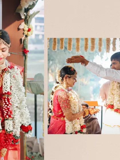 This collage highlights key moments from Uma and Shivam's South Indian wedding. From the bride's elegant portrait to the groom's blessing, we piece together the narrative of their traditional ceremony.