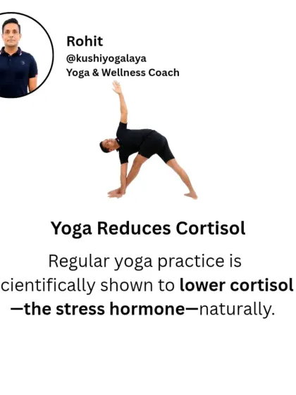 Yoga is scientifically proven to lower cortisol, the body's primary stress hormone. Regular practice, like the Trikonasana shown here, helps your body manage stress naturally without medication.