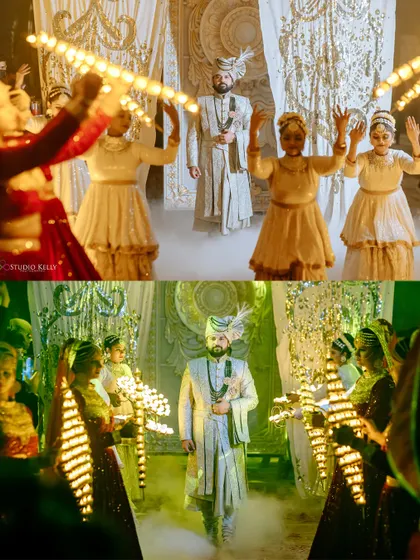A collage of the groom's grand entry, surrounded by dancers with illuminated props.