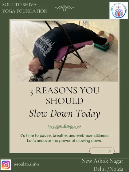 It is important to slow down. This image shows a student using a chair and bolster to pause, breathe, and embrace stillness.