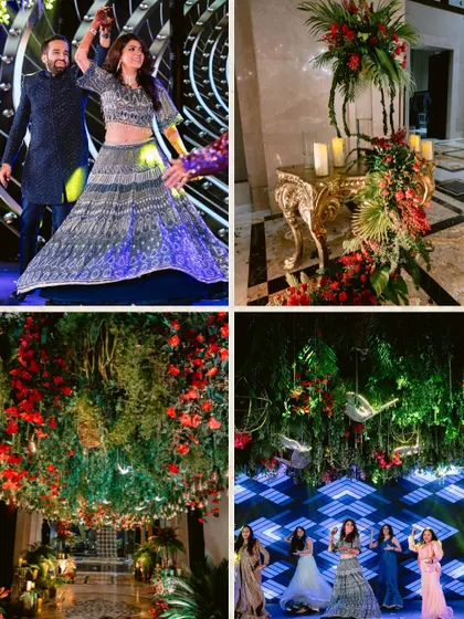 A collage from an enchanted forest Sangeet. The decor featured a lush green ceiling with hanging florals and butterflies, creating a magical atmosphere for the performances.