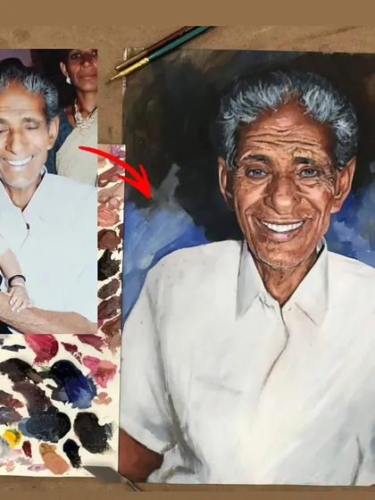 This was an emotional project. The client's only photo of his late grandfather was blurry with his eyes closed. My challenge was to open his eyes in the oil painting, capturing a lifelike smile and preserving a cherished memory.