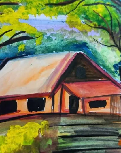 A watercolor landscape of a cabin nestled in the woods. This piece was inspired by the quiet beauty of nature and finding peace away from the city.