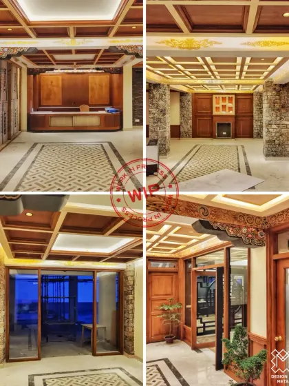 A collage showing the progress and key details of the Gangtok hotel lobby. This highlights the intricate ceiling work, the combination of stone and wood, and the overall spatial planning coming to life.