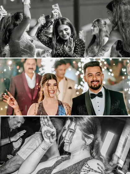A collage of candid party moments. From the couple's grand entrance with sparklers to the unrestrained dancing, this captures the vibrant, celebratory spirit of a reception.