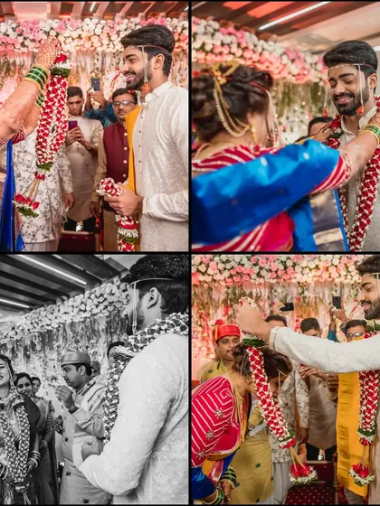 A four-part collage showing the Varmala ceremony. We capture the moment from different angles, including a black and white shot to emphasize the emotion.