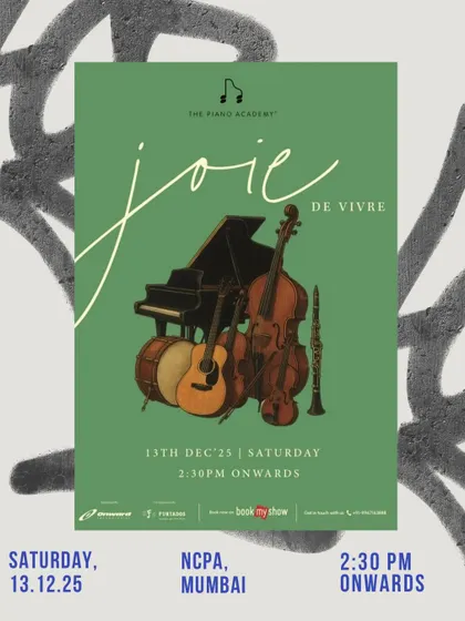 The official poster for our 'Joie De Vivre' recital at the NCPA. A celebration of music, featuring piano, cello, guitar, and more.