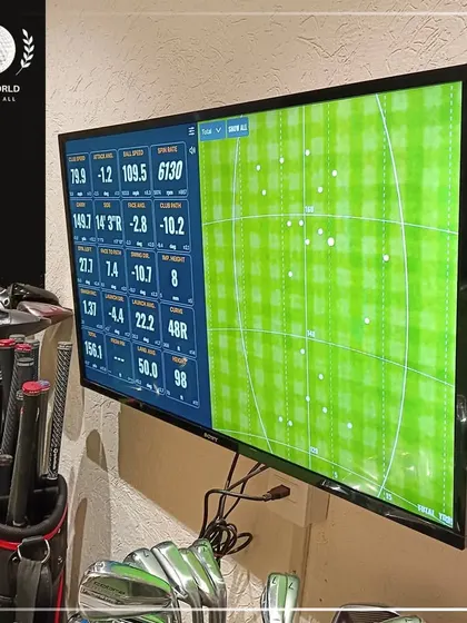 A close-up of the TrackMan data display, showing a dispersion chart of where shots have landed. This visual tool is key for analyzing consistency.