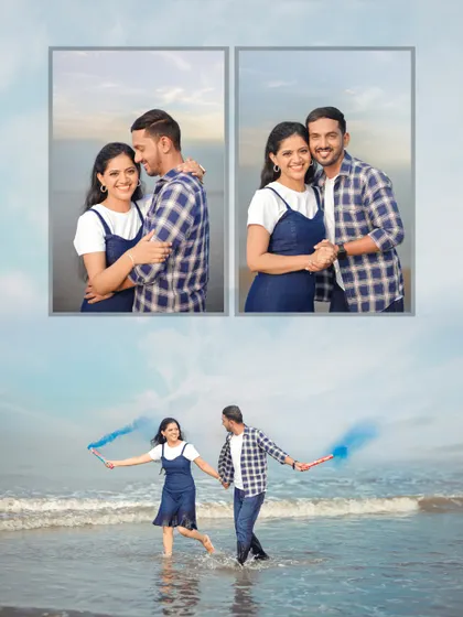 A playful pre-wedding collage from a beach shoot, featuring the couple having fun with blue colour smoke by the water.