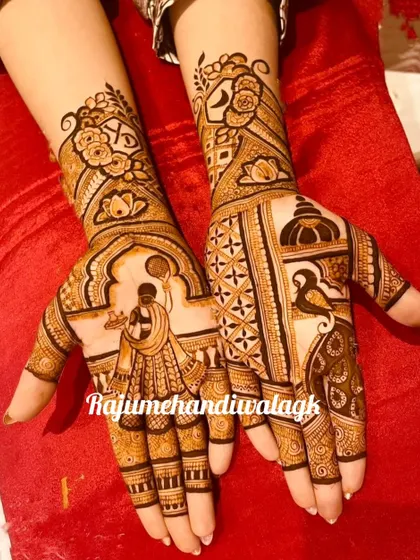 This design combines several Karwa Chauth elements. It features a woman with a kalash, a peacock, and the 'Om' and 'Swastik' symbols for blessings.