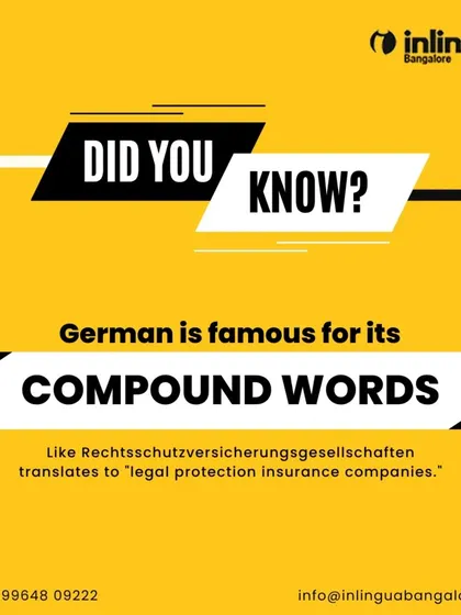 Did you know German is famous for its long compound words? This graphic gives the example of 'Rechtsschutzversicherungsgesellschaften,' showing how the language combines words to express complex ideas precisely.